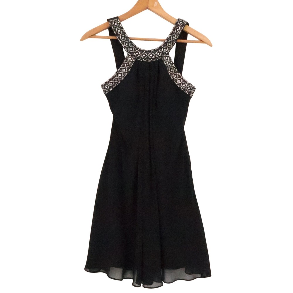 JS Boutique Beaded Halter Neck Cocktail Dress Womens Size‎ 6 Black Chiffon LBD
